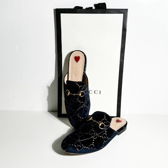 Gucci Princetown Velvet loafers Navy Blue with gold horsebit hardware gg sz 38 - Picture 3 of 10
